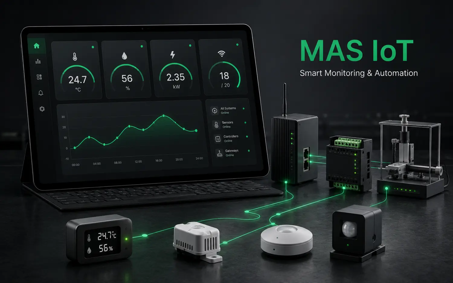Sistem IoT MAS dengan dashboard, gateway, controller, dan sensor