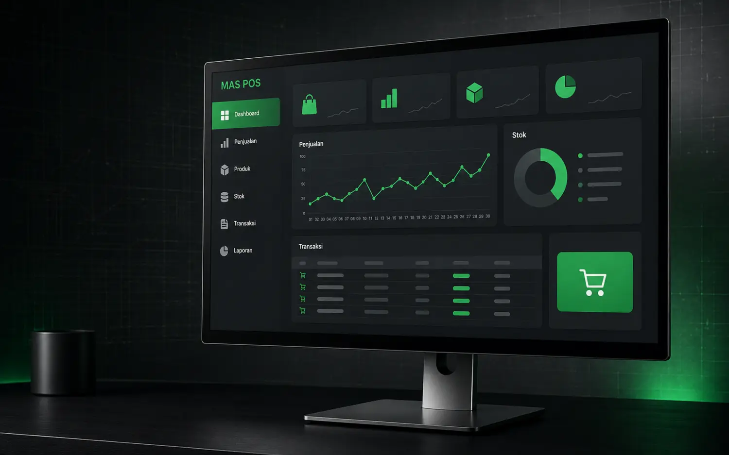 Mockup aplikasi desktop MAS POS pada monitor modern